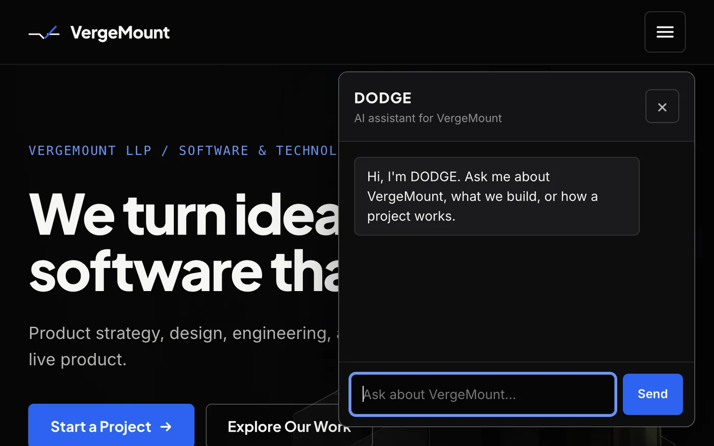 Screenshot of the DODGE assistant open on the VergeMount homepage