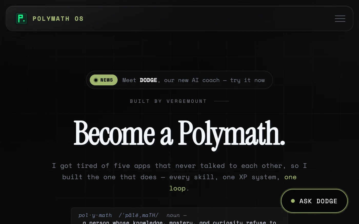 Screenshot of the PolymathOS website: Become a Polymath